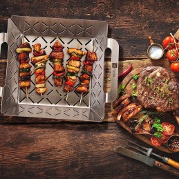 Grilio grotelės, kepimas, kvadratinis plieninis padėklas, grilio padėklas