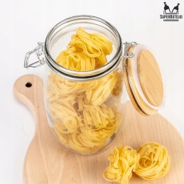 Stiklinis indelis / talpa 1500 ml su mediniu bambukiniu dangteliu + mechaniniu uždarymu + sandarikliu