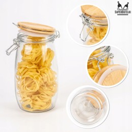 Stiklinis indelis / talpa 1500 ml su mediniu bambukiniu dangteliu + mechaniniu uždarymu + sandarikliu