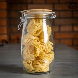 Stiklinis indelis / talpa 1500 ml su mediniu bambukiniu dangteliu + mechaniniu uždarymu + sandarikliu