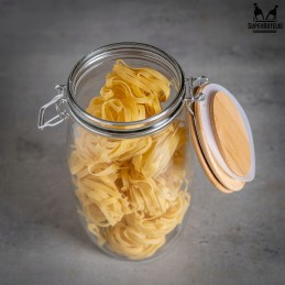 Stiklinis indelis / talpa 1500 ml su mediniu bambukiniu dangteliu + mechaniniu uždarymu + sandarikliu