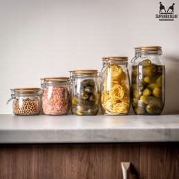 Stiklinis indelis / talpa 1500 ml su mediniu bambukiniu dangteliu + mechaniniu uždarymu + sandarikliu