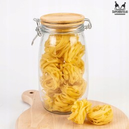 Stiklinis indelis / talpa 1500 ml su mediniu bambukiniu dangteliu + mechaniniu uždarymu + sandarikliu