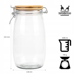 Stiklinis indelis / talpa 1500 ml su mediniu bambukiniu dangteliu + mechaniniu uždarymu + sandarikliu