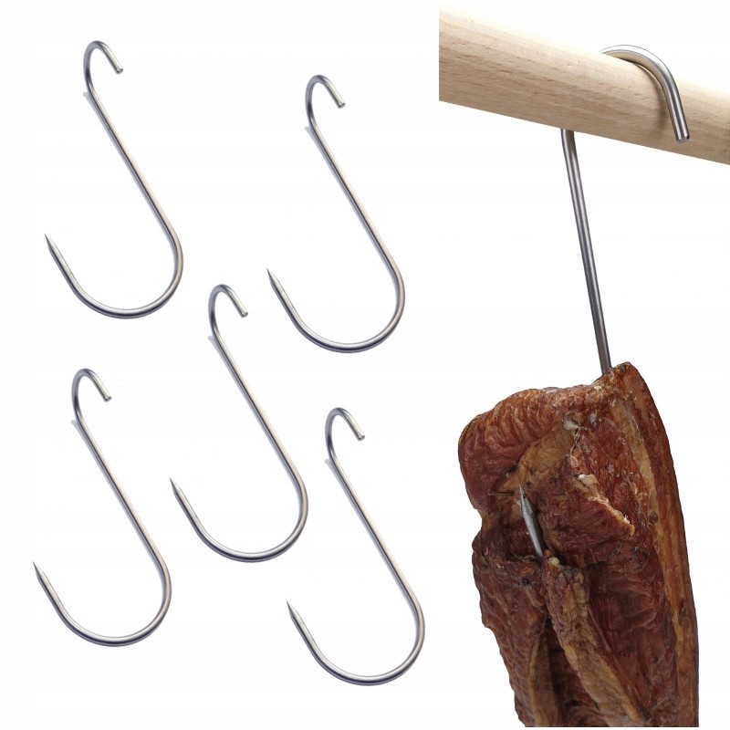 Kabliukai šoninės šonkauliams rūkyti, susukti, stori, 4mm 17cm inox, 5 vnt.