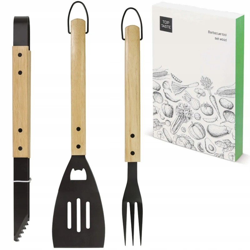 845 masyvus bbq grilio rinkinys, storas plienas, mediena, 3 vnt