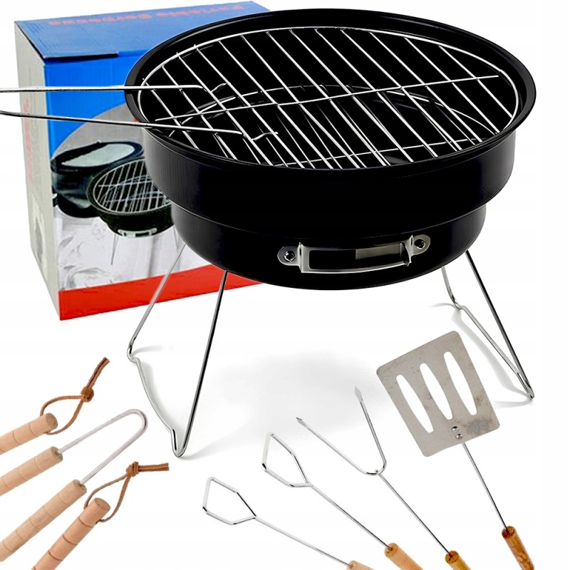 Nešiojamos apvalios turistinės anglies kepsninės su atlenkiama rankena ir priedais