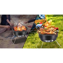 Nešiojamos apvalios turistinės anglies kepsninės su atlenkiama rankena ir priedais