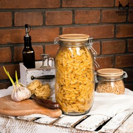 Stiklinis indelis / talpa 2300 ml su mediniu bambukiniu dangteliu + mechaniniu uždarymu + sandarikliu