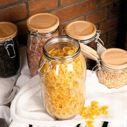 Stiklinis indelis / talpa 2300 ml su mediniu bambukiniu dangteliu + mechaniniu uždarymu + sandarikliu