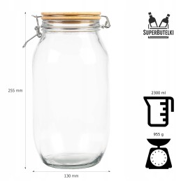 Stiklinis indelis / talpa 2300 ml su mediniu bambukiniu dangteliu + mechaniniu uždarymu + sandarikliu