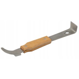 Nerūdijančio plieno bitininkystės kaltas mediniame rėme su kabliuku/barstytuvu