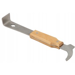 Nerūdijančio plieno bitininkystės kaltas mediniame rėme su kabliuku/barstytuvu