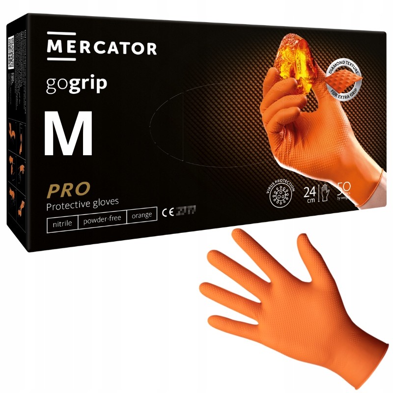 Mercator gogrip orange - pirštinės, nitrilas, be pudros su deimantine tekstūra