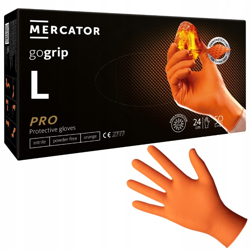 Mercator gogrip orange - pirštinės, nitrilas, be pudros su deimantine tekstūra