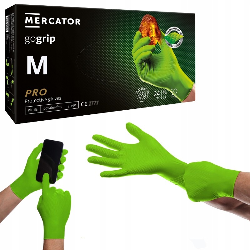 Mercator gogrip green - pirštinės, nitrilas, be pudros su deimantine tekstūra
