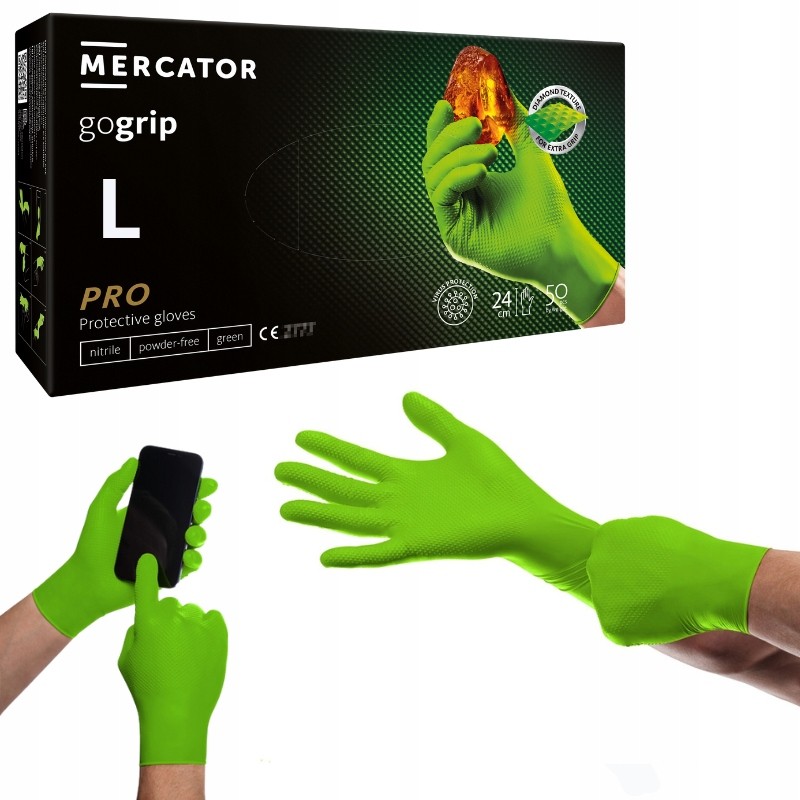 Mercator gogrip green - pirštinės, nitrilas, be pudros su deimantine tekstūra
