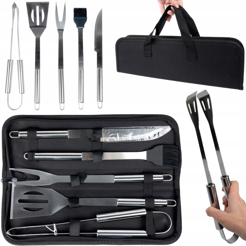 Priedai: kepsninės stalo įrankiai dėkle su rankena, 5 plieniniai indai