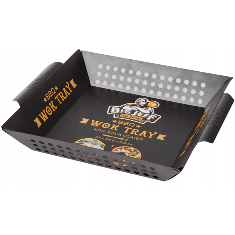 Padėklas, krepšelis, keptuvė, priedai kepimui ant grotelių, grilis be riebalų.