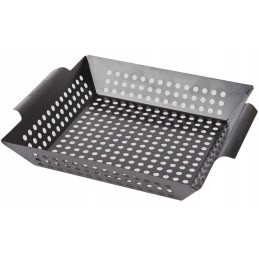 Padėklas, krepšelis, keptuvė, priedai kepimui ant grotelių, grilis be riebalų.