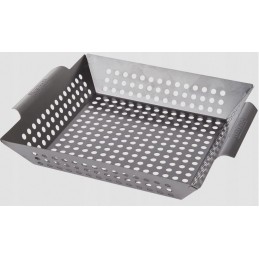 Padėklas, krepšelis, keptuvė, priedai kepimui ant grotelių, grilis be riebalų.