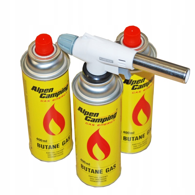 Liepsnos pistoleto dujų degiklis su automatiniu pjezo uždegimu + 3 Alpen stovyklavimo dujos