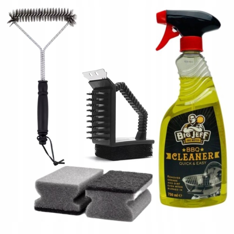 Grilio valymo rinkinys, skystis, šepečiai, kempinės: