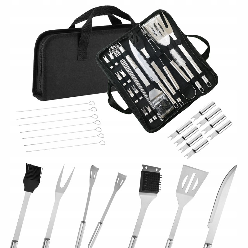 Plieninių grilio rinkinys, priedai, kepsninės reikmenys 22 viename, puiki kokybė