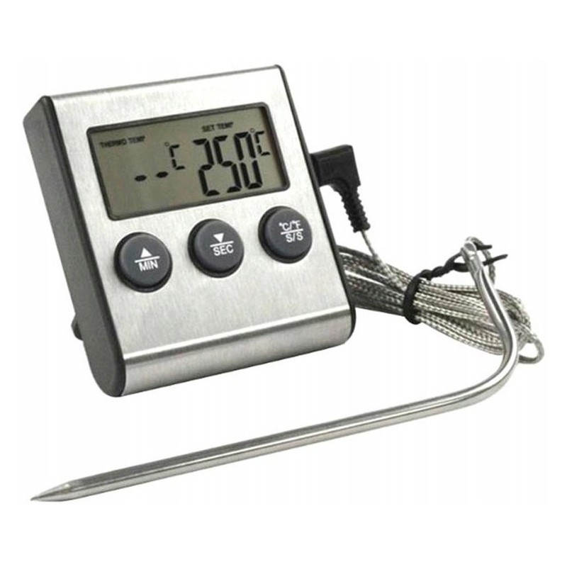 Elektroninis termometras su karščiui atspariu zondu. puikiai tinka temperatūrai matuoti ant grotelių, rūkykloje ir dujinėse bei 
