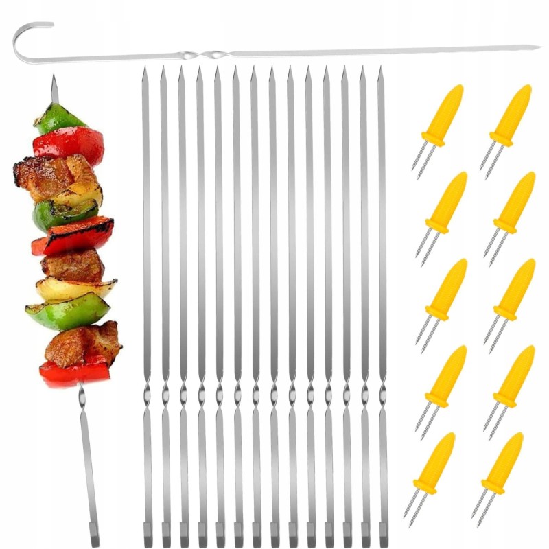 20x metaliniai iešmeliai grilio iešmams 28cm + kukurūzų iešmeliai