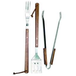 3 grilio priedų komplektas su medinėmis rankenomis