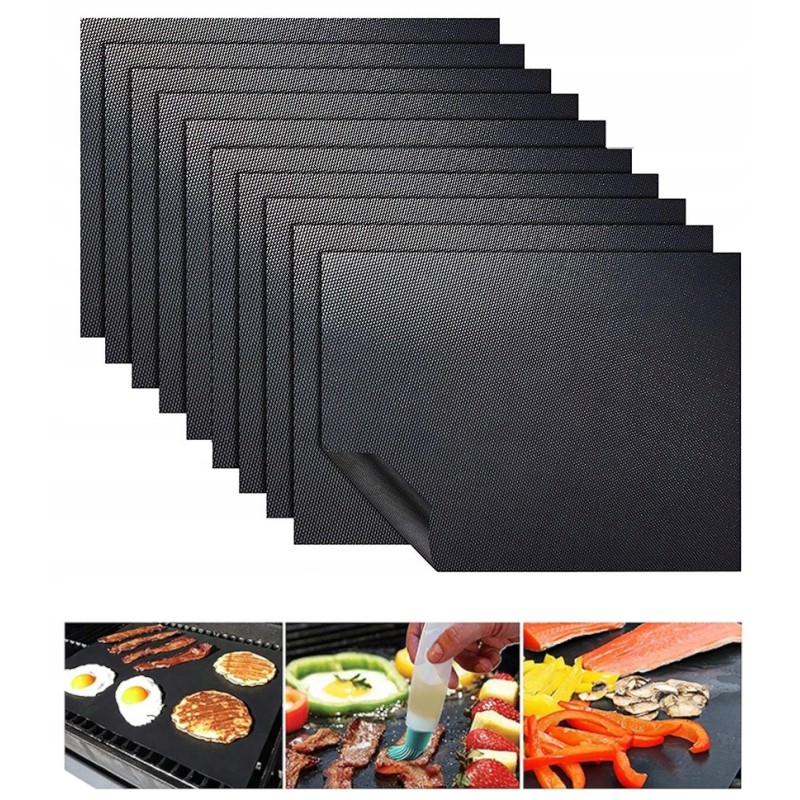 10x tefloninis grilio kilimėlis, juodos kepimo skardos, daugkartinio naudojimo