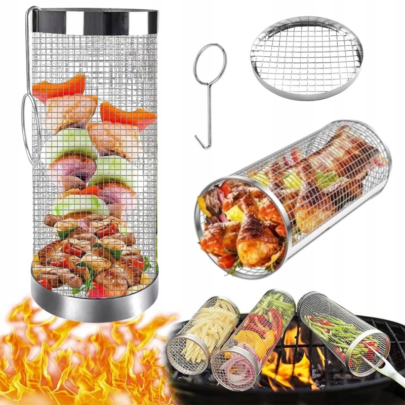Krepšelis daržovėms kepti ant grotelių, grilio ritinys, besisukantis tinklelis, grotelės, 20 x 9 cm