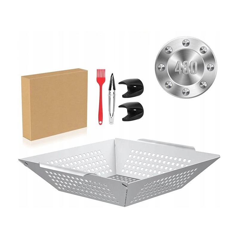 Didelis nerūdijančio plieno grilio krepšelis su žnyplėmis ir rankenomis