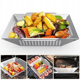 Didelis nerūdijančio plieno grilio krepšelis su žnyplėmis ir rankenomis