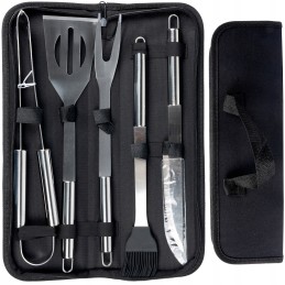 Priedai: kepsninės stalo įrankiai dėkle su rankena, 5 plieniniai indai