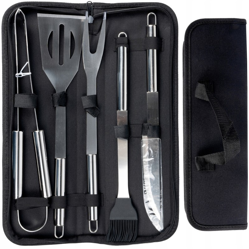 Priedai: kepsninės stalo įrankiai dėkle su rankena, 5 plieniniai indai