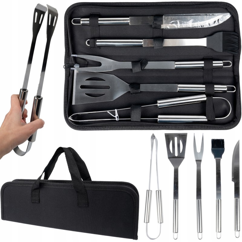 Priedai: kepsninės stalo įrankiai dėkle su rankena, 5 plieniniai indai