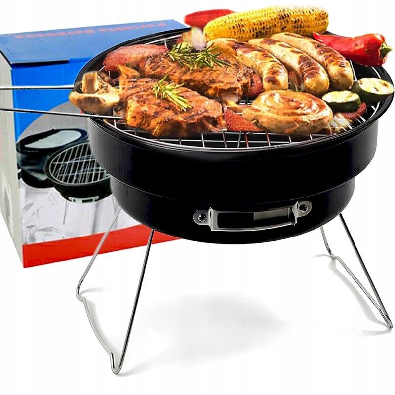 Mažos, nešiojamos, apvalios turistinės anglies kepsninės su atlenkiama rankena