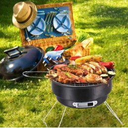 Mažos, nešiojamos, apvalios turistinės anglies kepsninės su atlenkiama rankena