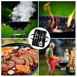 Grilio priedai: žnyplės, šakutė, stalo įrankiai, kepsninės indai