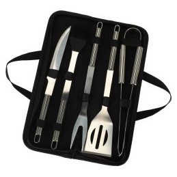 Grilio priedai: žnyplės, šakutė, stalo įrankiai, kepsninės indai