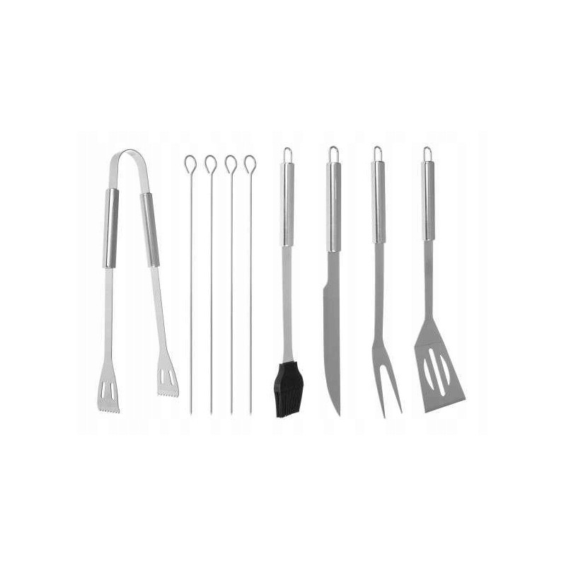 Didelis priedų rinkinys kepsninės įrankiai peilis žnyplės šakutė mentelė šepetys iešmai + dėklas 9 viename
