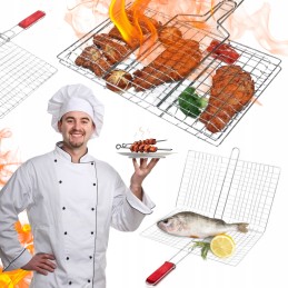 Grilio grotelės žuvies mėsai, plieninės grotelės su medine rankena, pikniko grilis