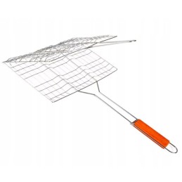 Grilio grotelės žuvies mėsai, plieninės grotelės su medine rankena, pikniko grilis