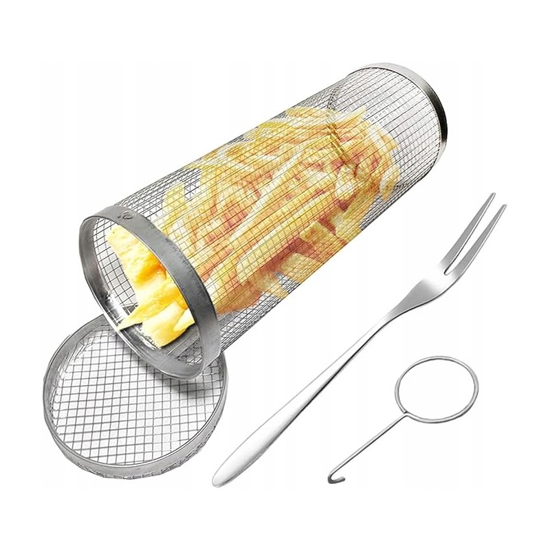 BBQ krepšelis apvalus su ilga grilio šakute 20 cm nešiojamas nerūdijančio plieno vielos tinklelis cilindrinis kepsninės krepšeli