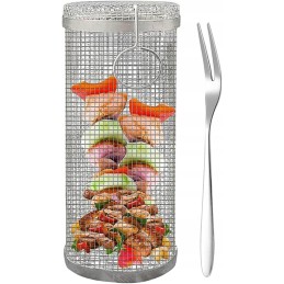 BBQ krepšelis apvalus su ilga grilio šakute 20 cm nešiojamas nerūdijančio plieno vielos tinklelis cilindrinis kepsninės krepšeli