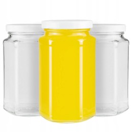 Šešiakampis stiklainis 385 ml su tam skirtu dangteliu - pakuotėje 12 vnt.