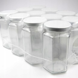 Šešiakampis stiklainis 385 ml su tam skirtu dangteliu - pakuotėje 12 vnt.