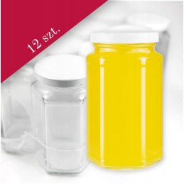 Šešiakampis stiklainis 385 ml su tam skirtu dangteliu - pakuotėje 12 vnt.